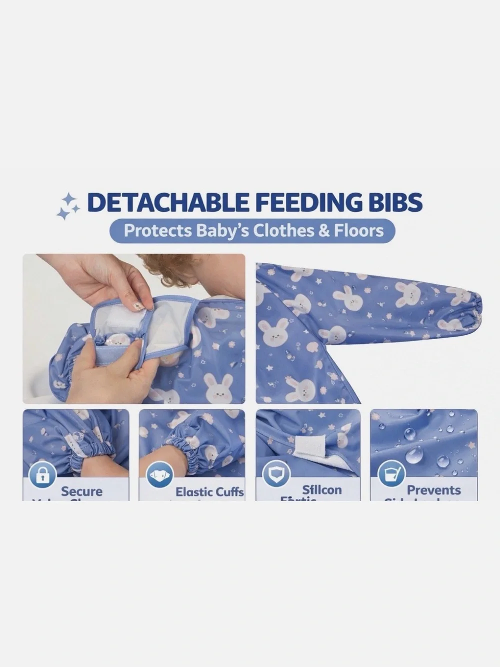 Waterproof Blue Baby Bib Smock with Sleeves - Free Size (6 Months - 3 Years)